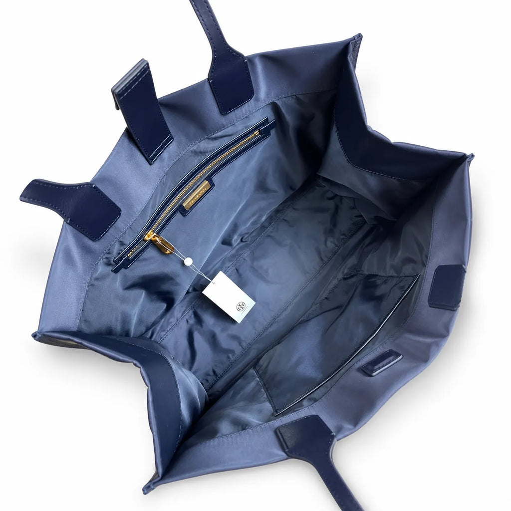 Tory Burch Ella Large Tote Bag Navy Blue Nylon Shoulder Handbag with Double T Logo Lightweight Work & Travel Carryall