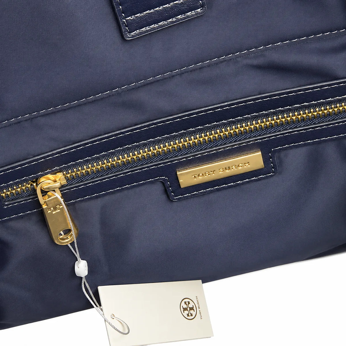 Tory Burch Ella Large Tote Bag Navy Blue Nylon Shoulder Handbag with Double T Logo Lightweight Work & Travel Carryall