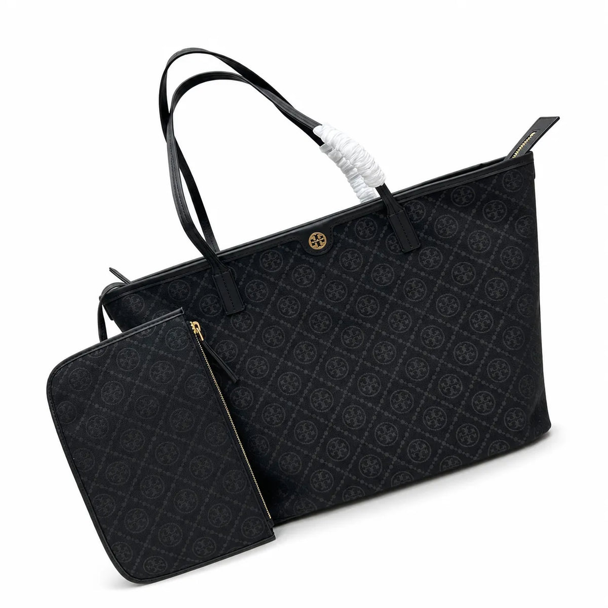 Tory Burch T Monogram | Black jacquard with gold logo  detachable pouch  women's designer shoulder bag