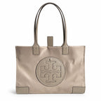 Tory Burch Ella Nylon Tote Bag | Recycled Fabric & Faux Leather Trim  Circular Double T Logo  Magnetic Snap Closure  Women’s Designer Shoulder Handbag
