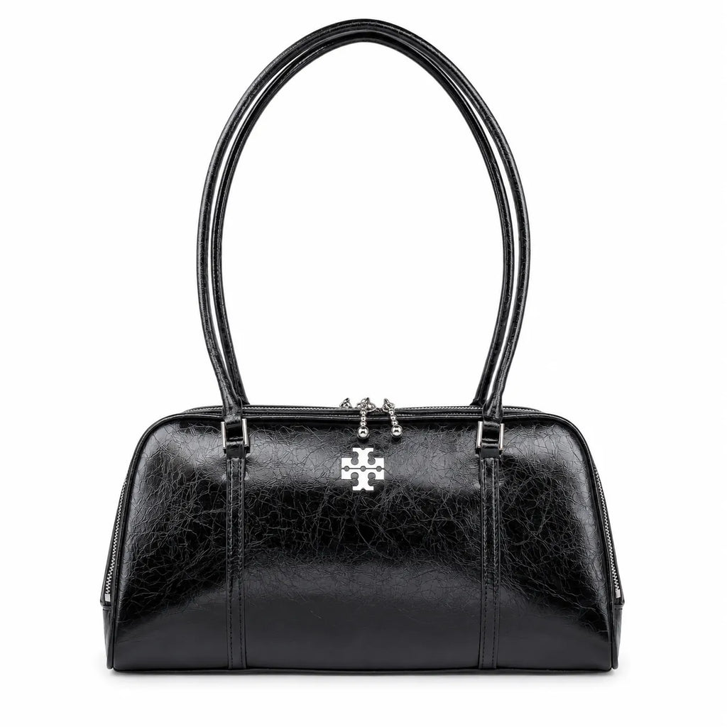 Tory Burch Marshmallow | Black waxed leather double zip closure slim shoulder strap women's designer shoulder/handbag