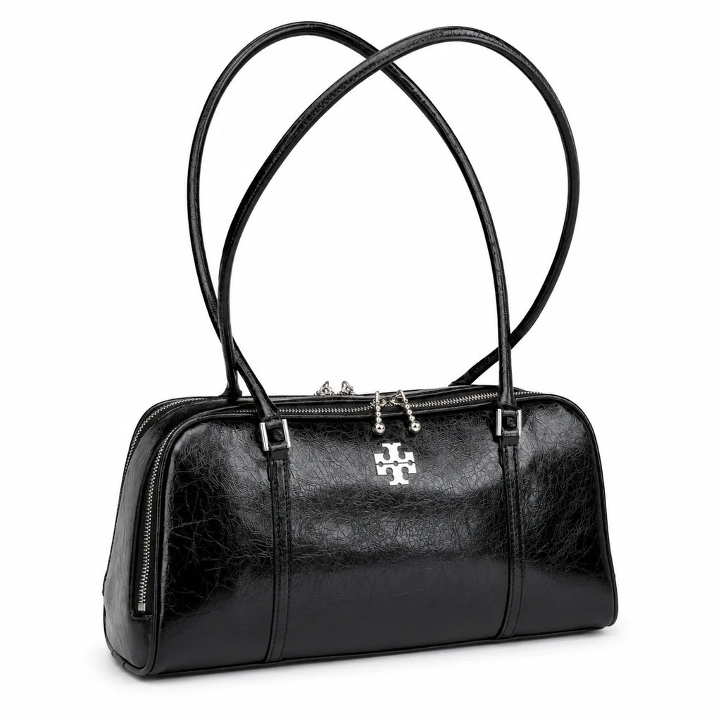 Tory Burch Marshmallow | Black waxed leather double zip closure slim shoulder strap women's designer shoulder/handbag