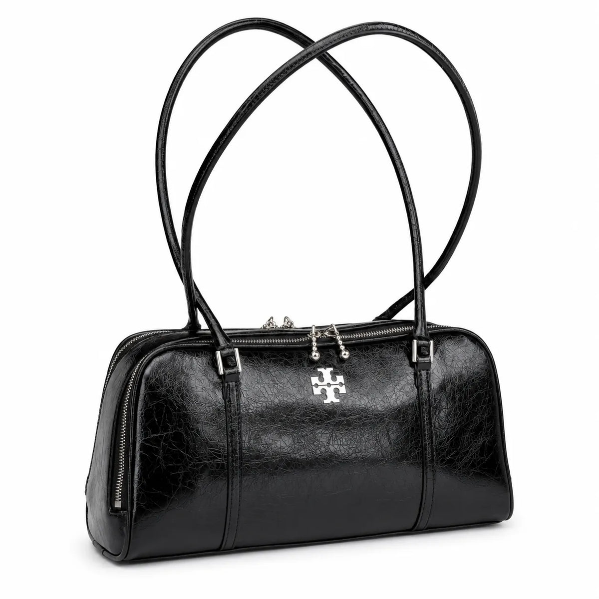 Tory Burch Marshmallow | Black waxed leather double zip closure slim shoulder strap women's designer shoulder/handbag