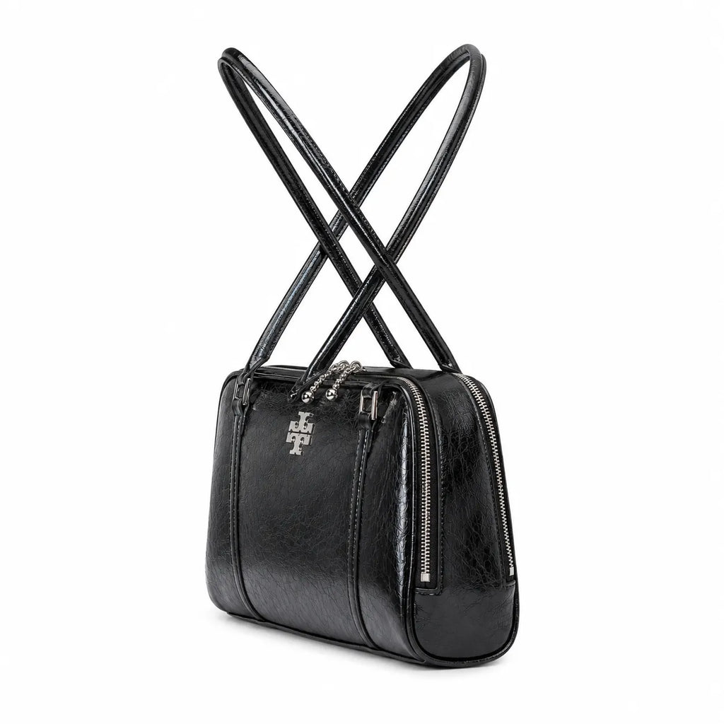 Tory Burch Marshmallow | Black waxed leather double zip closure slim shoulder strap women's designer shoulder/handbag