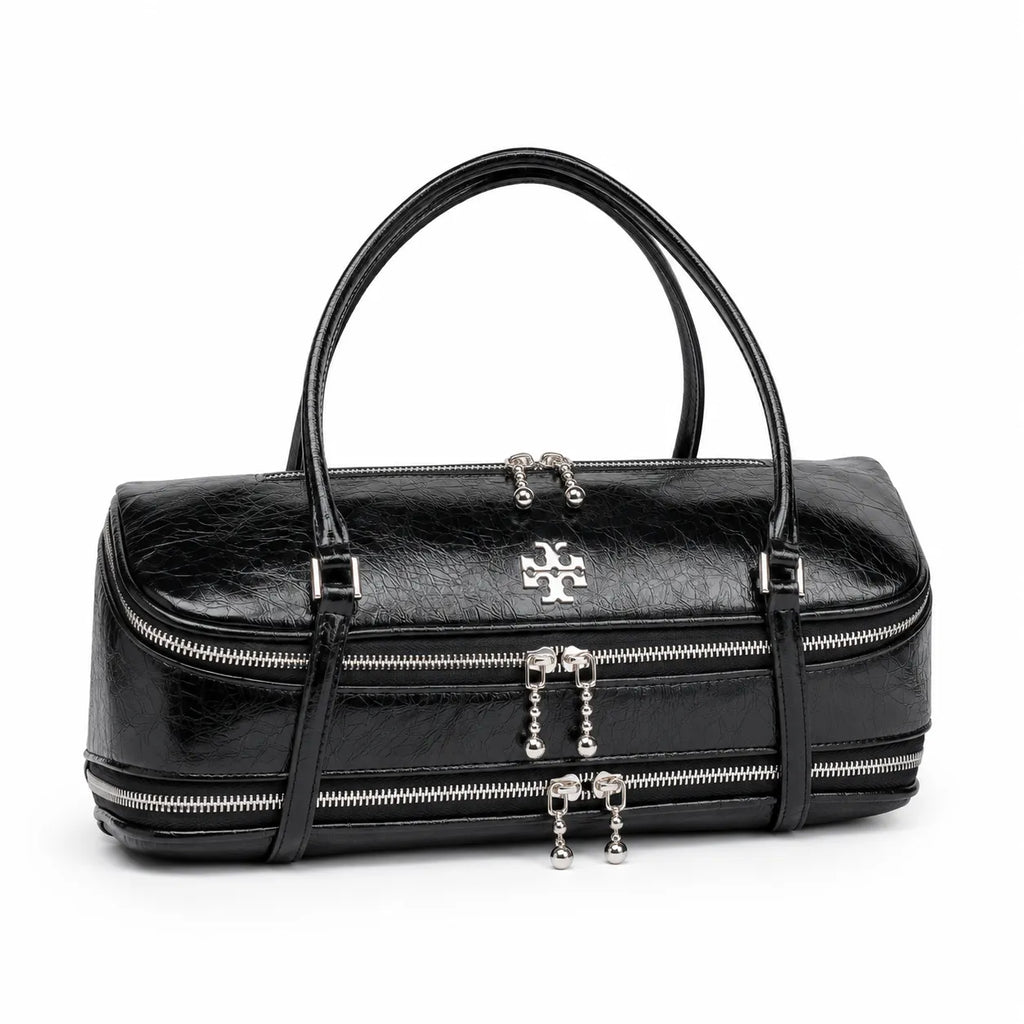 Tory Burch Marshmallow | Black waxed leather double zip closure slim shoulder strap women's designer shoulder/handbag