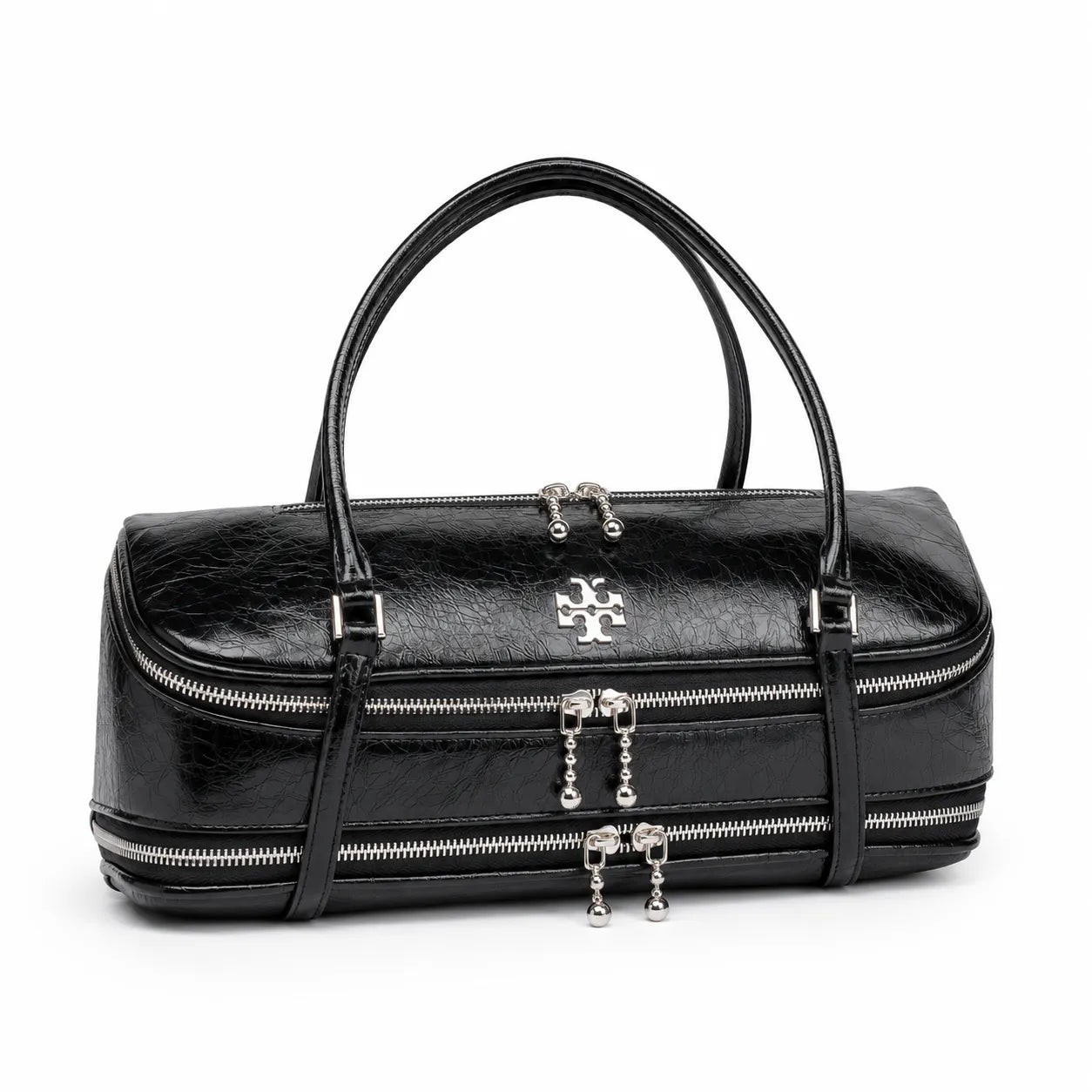 Tory Burch Marshmallow | Black waxed leather double zip closure slim shoulder strap women's designer shoulder/handbag
