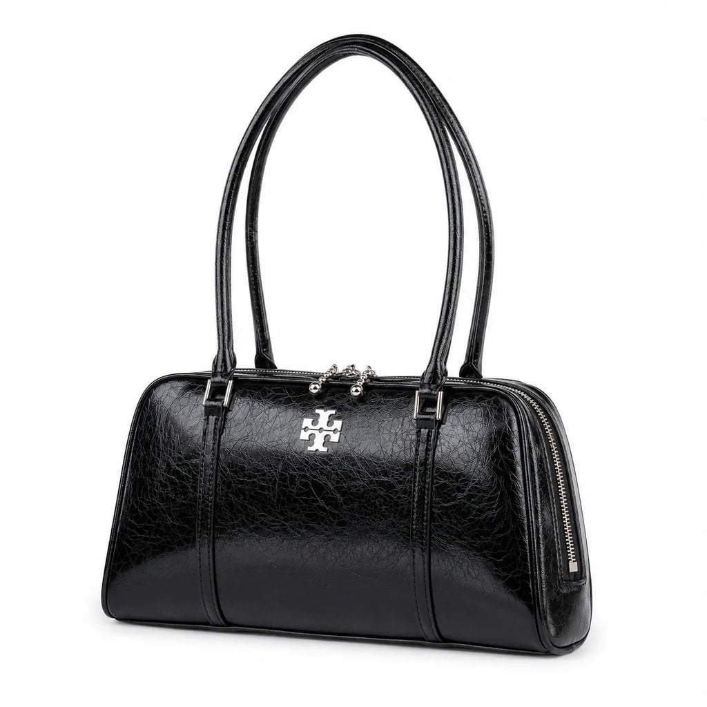 Tory Burch Marshmallow | Black waxed leather double zip closure slim shoulder strap women's designer shoulder/handbag