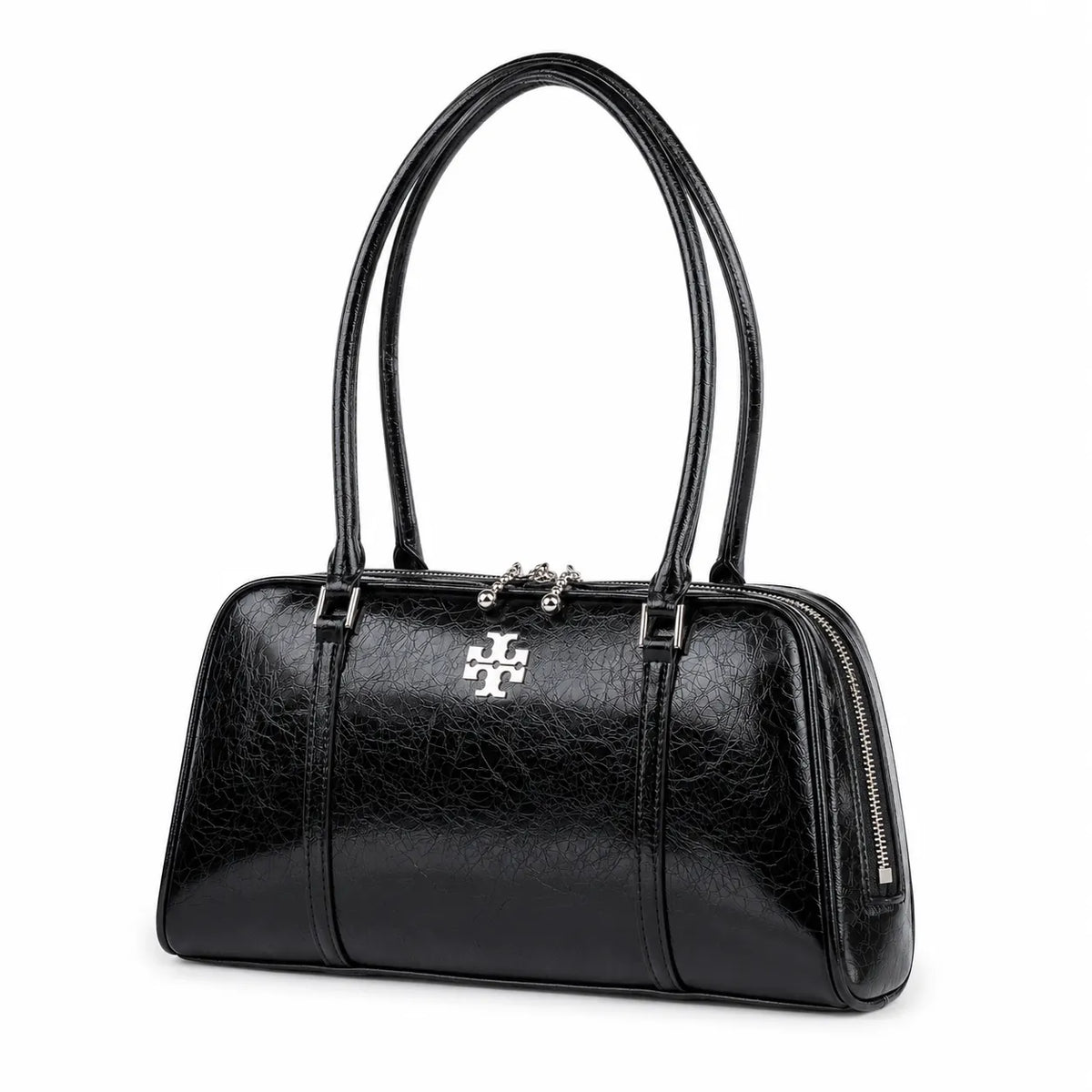 Tory Burch Marshmallow | Black waxed leather double zip closure slim shoulder strap women's designer shoulder/handbag