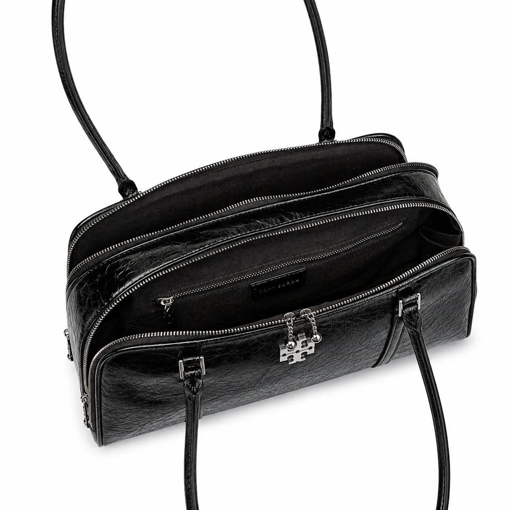 Tory Burch Marshmallow | Black waxed leather double zip closure slim shoulder strap women's designer shoulder/handbag