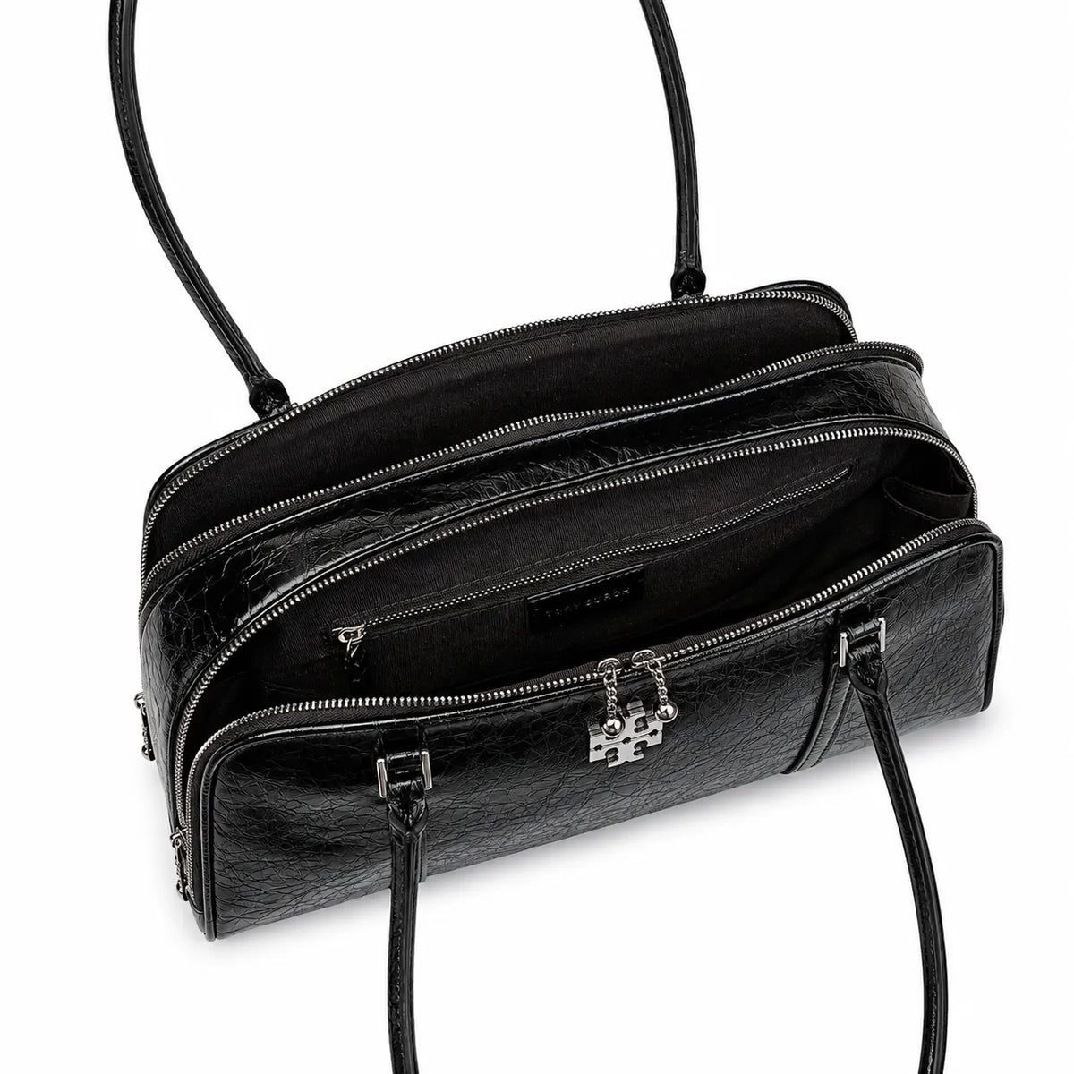 Tory Burch Marshmallow | Black waxed leather double zip closure slim shoulder strap women's designer shoulder/handbag