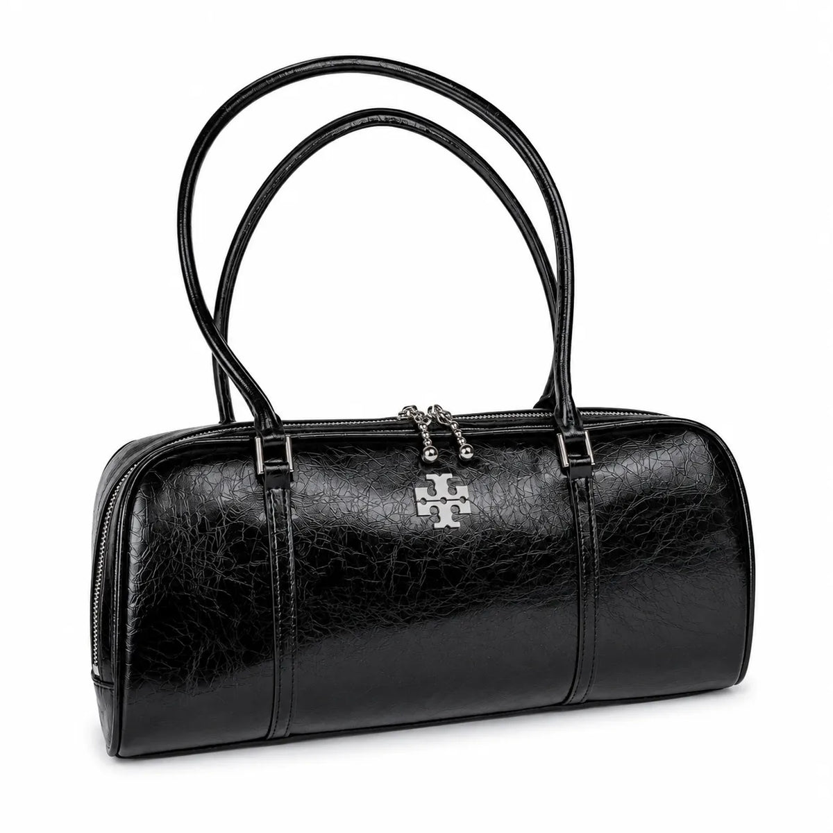 Tory Burch Marshmallow | Black waxed leather double zip closure slim shoulder strap women's designer shoulder/handbag