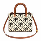 Tory Burch T Monogram | Off-white/black embossed leather with brown trim detachable shoulder strap magnetic closure women's designer shoulder/handbag