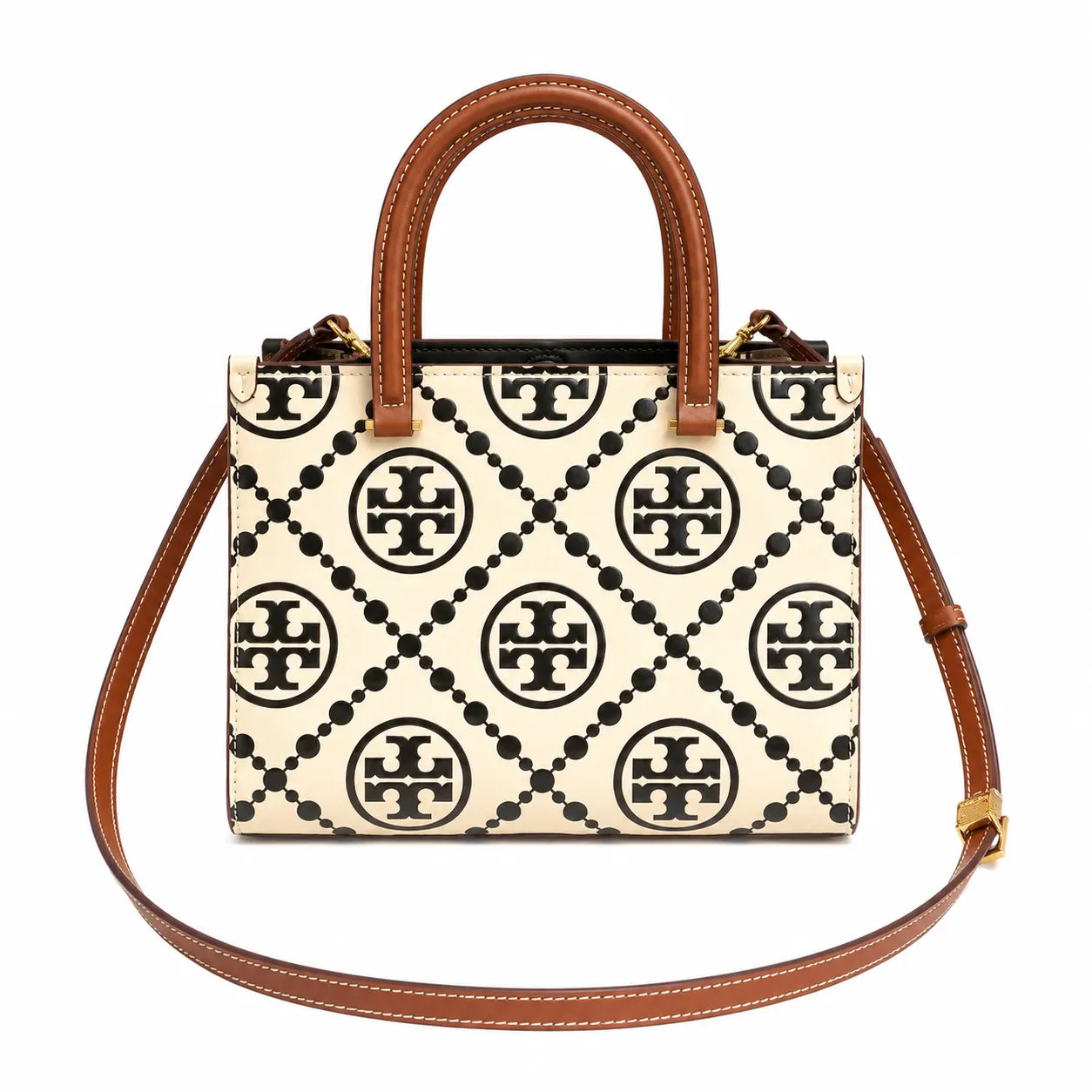 Tory Burch T Monogram | Off-white/black embossed leather with brown trim detachable shoulder strap magnetic closure women's designer shoulder/handbag
