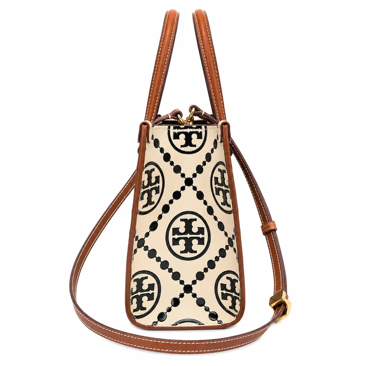 Tory Burch T Monogram | Off-white/black embossed leather with brown trim detachable shoulder strap magnetic closure women's designer shoulder/handbag