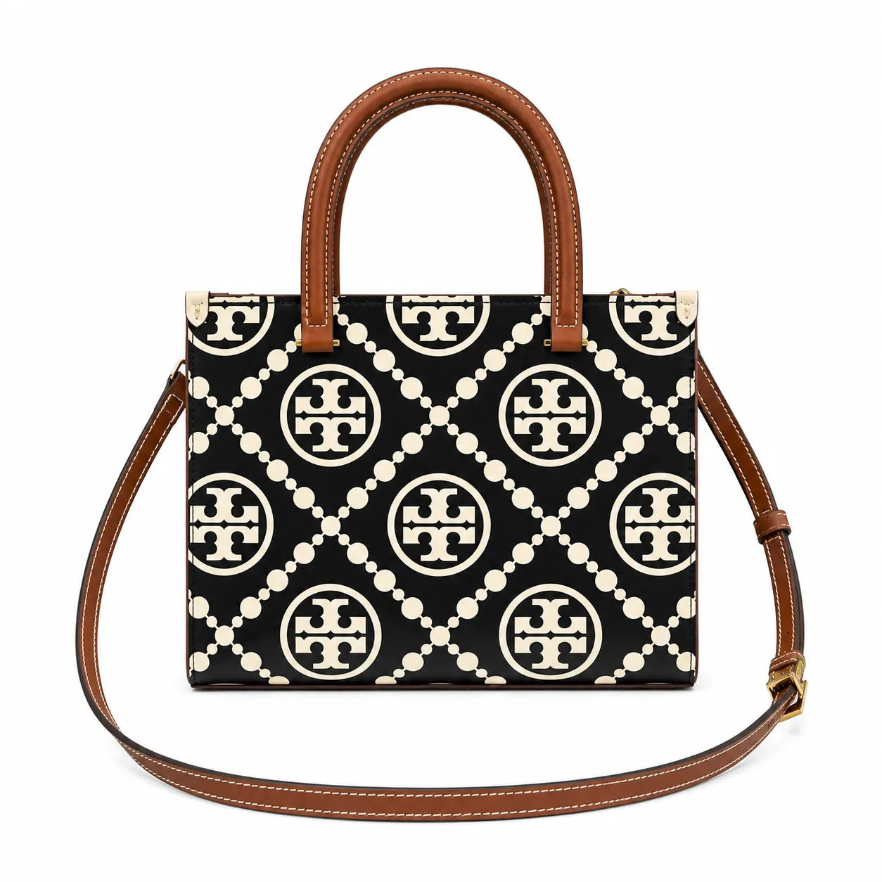 Tory Burch T Monogram | Off-white/black embossed leather with brown trim detachable shoulder strap magnetic closure women's designer shoulder/handbag