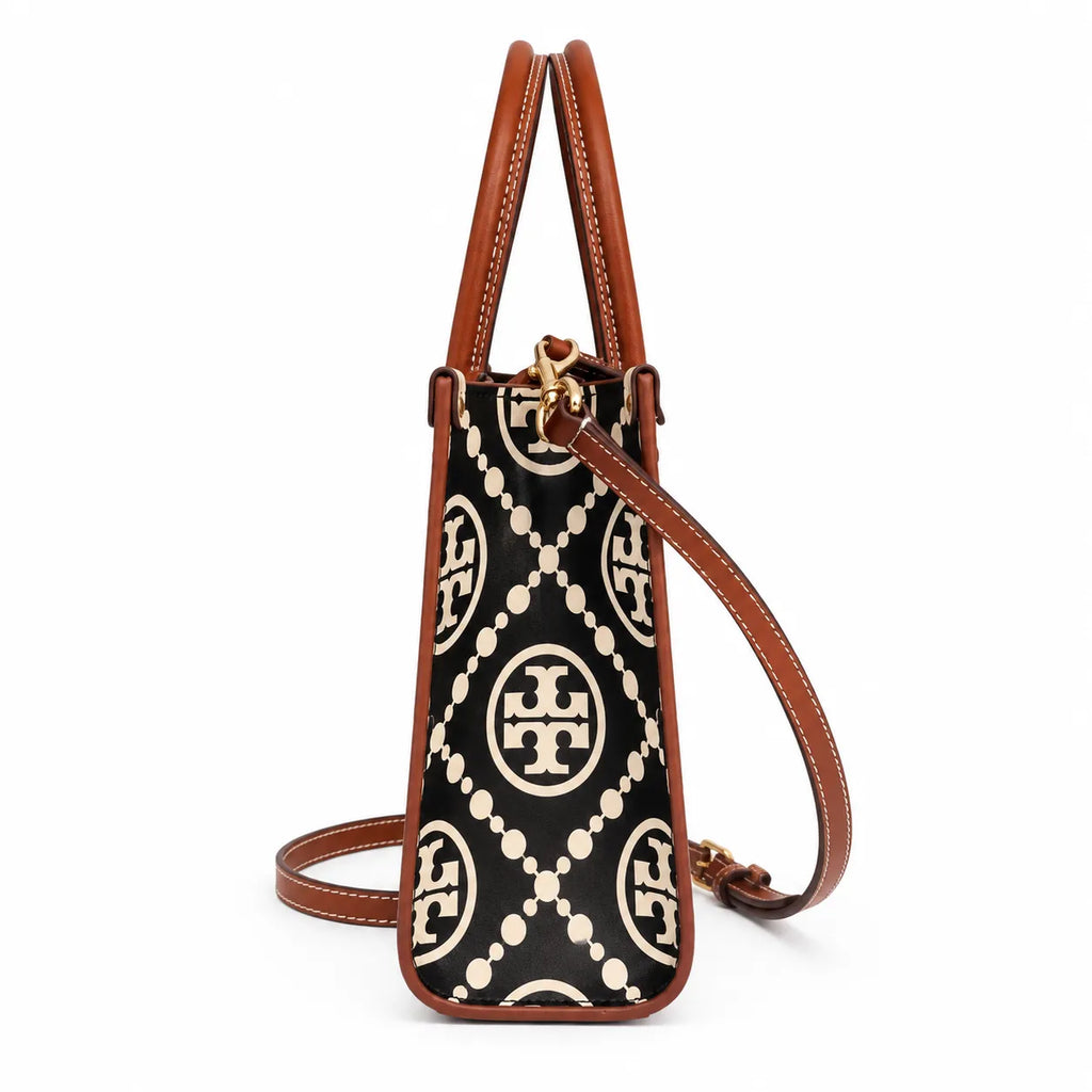 Tory Burch T Monogram | Off-white/black embossed leather with brown trim detachable shoulder strap magnetic closure women's designer shoulder/handbag