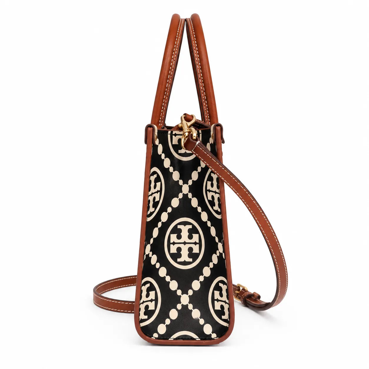 Tory Burch T Monogram | Off-white/black embossed leather with brown trim detachable shoulder strap magnetic closure women's designer shoulder/handbag