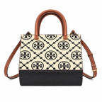 Tory Burch T Monogram | Off-white/black embossed leather with brown trim detachable shoulder strap magnetic closure women's designer shoulder/handbag