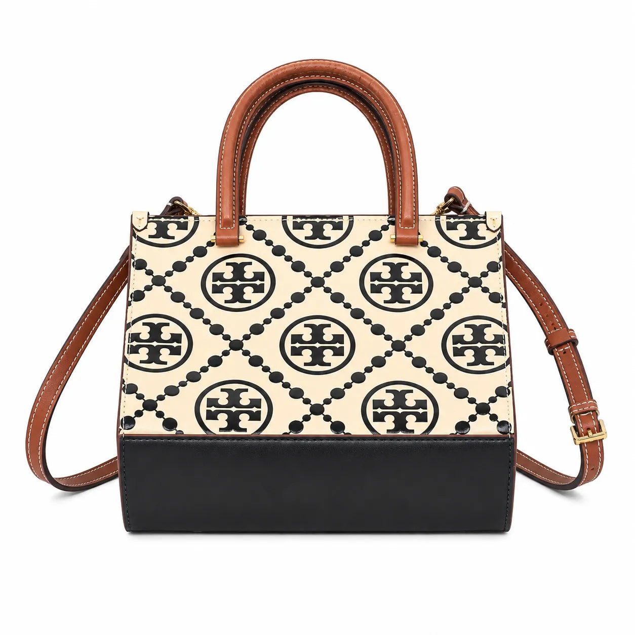 Tory Burch T Monogram | Off-white/black embossed leather with brown trim detachable shoulder strap magnetic closure women's designer shoulder/handbag