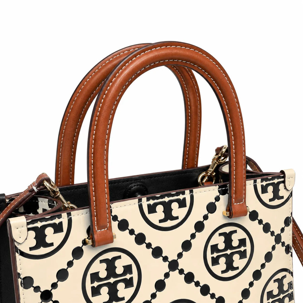 Tory Burch T Monogram | Off-white/black embossed leather with brown trim detachable shoulder strap magnetic closure women's designer shoulder/handbag