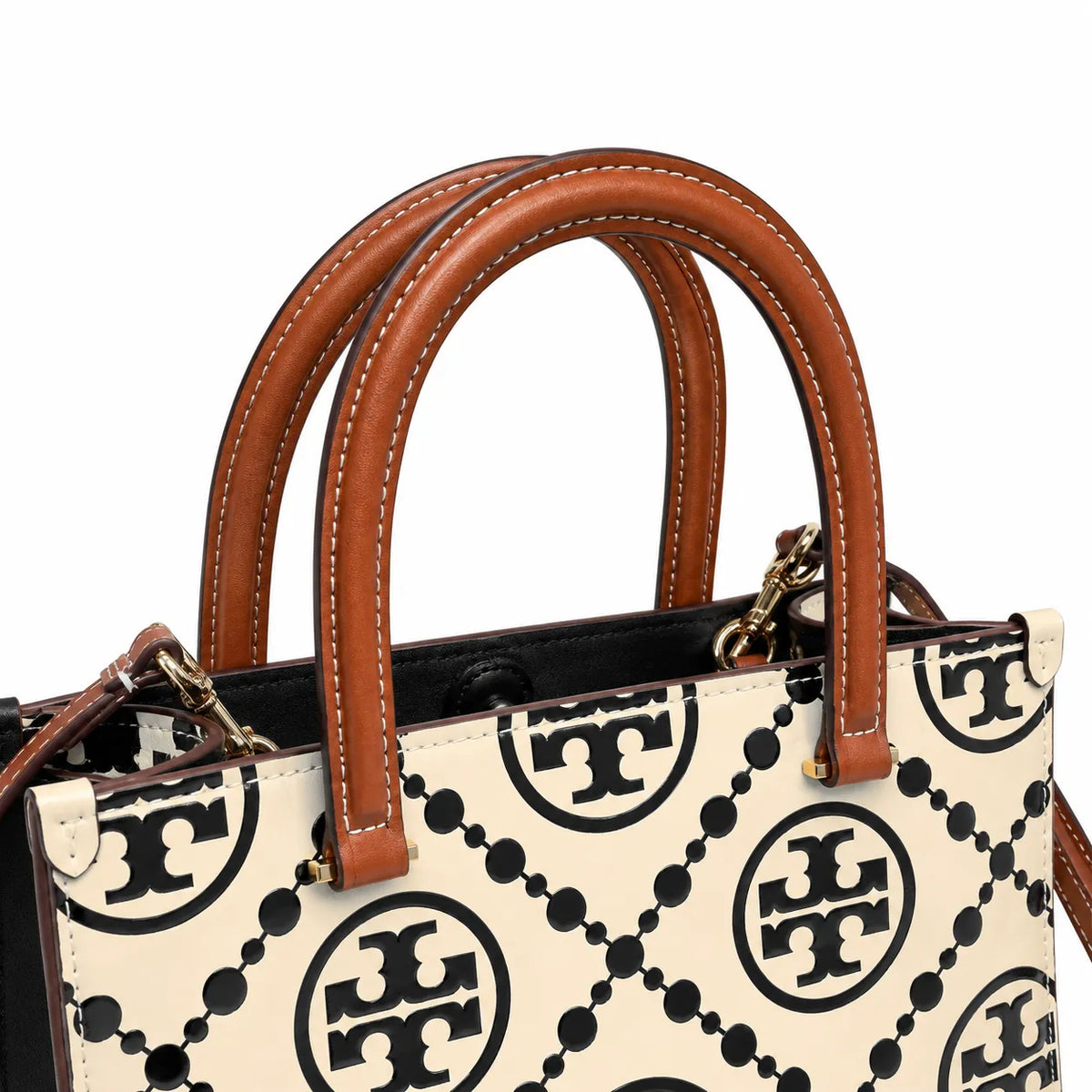 Tory Burch T Monogram | Off-white/black embossed leather with brown trim detachable shoulder strap magnetic closure women's designer shoulder/handbag