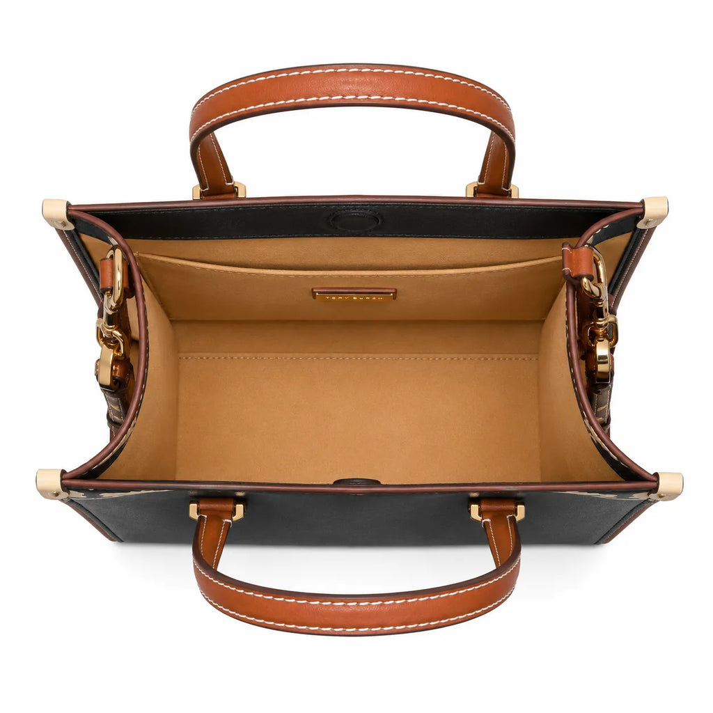 Tory Burch T Monogram | Off-white/black embossed leather with brown trim detachable shoulder strap magnetic closure women's designer shoulder/handbag