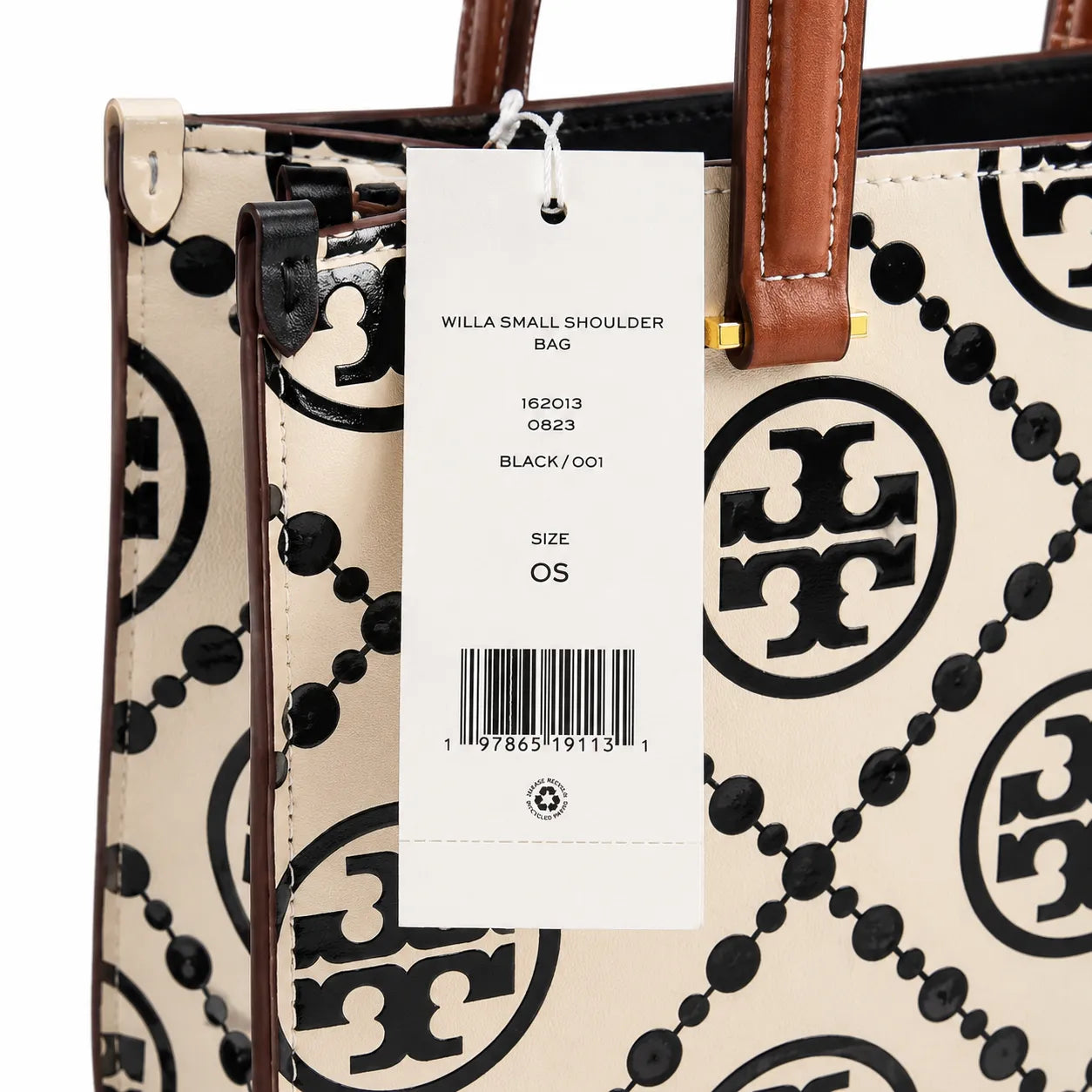Tory Burch T Monogram | Off-white/black embossed leather with brown trim detachable shoulder strap magnetic closure women's designer shoulder/handbag