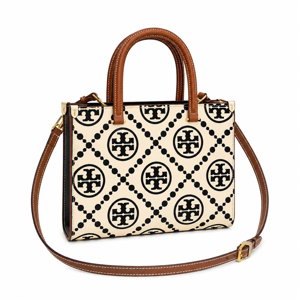 Tory Burch T Monogram | Off-white/black embossed leather with brown trim detachable shoulder strap magnetic closure women's designer shoulder/handbag