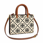 Tory Burch T Monogram | Off-white/black embossed leather with brown trim detachable shoulder strap magnetic closure women's designer shoulder/handbag