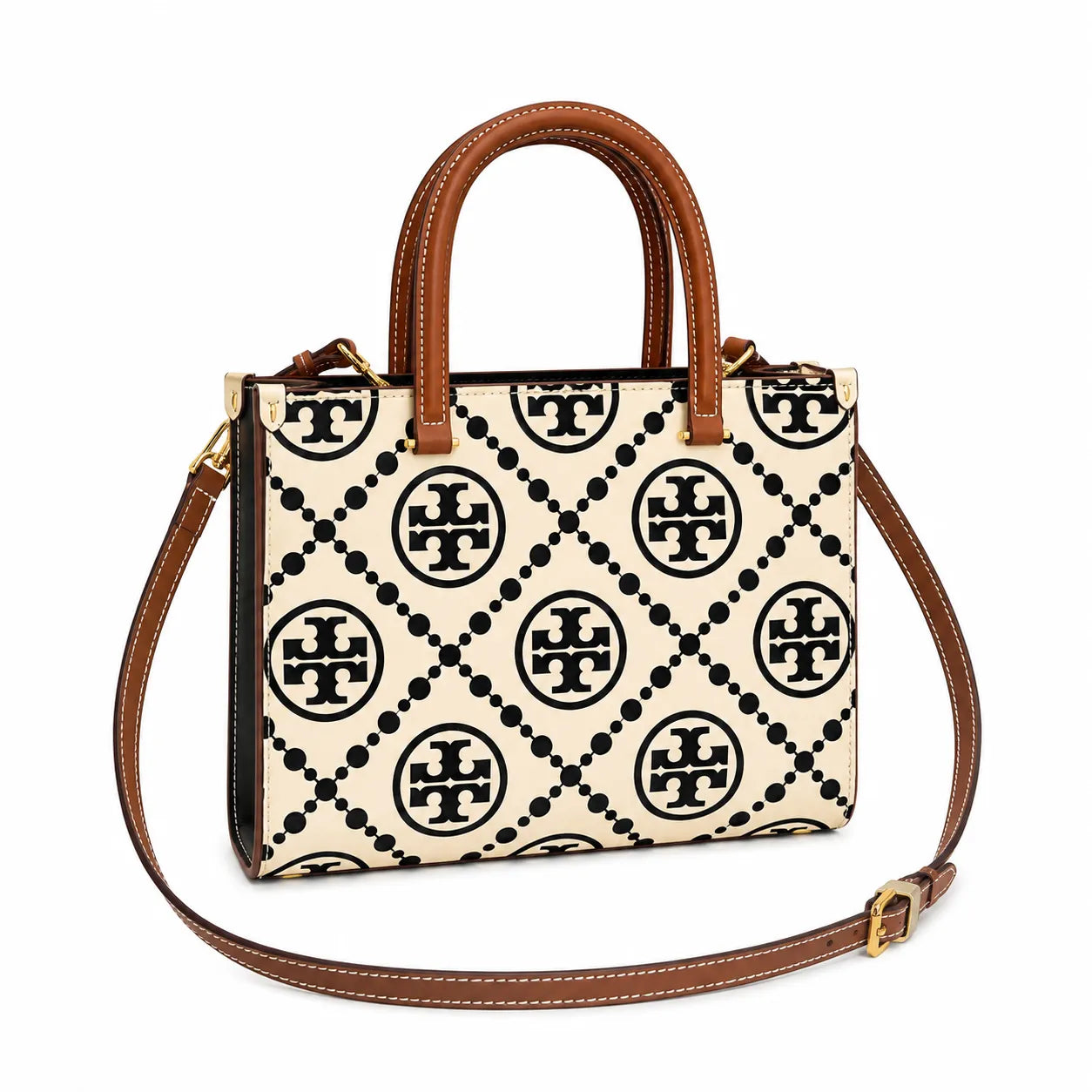 Tory Burch T Monogram | Off-white/black embossed leather with brown trim detachable shoulder strap magnetic closure women's designer shoulder/handbag
