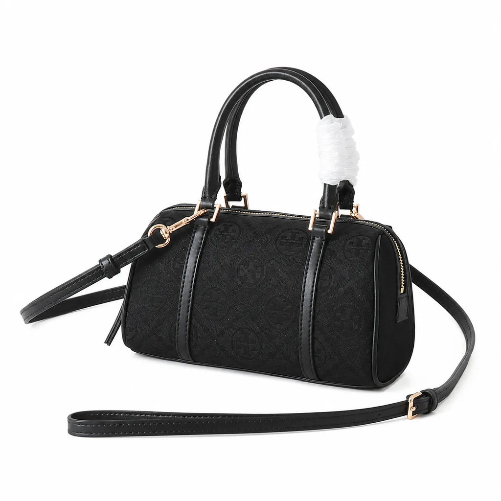 Tory Burch T Monogram | Black embossed canvas with detachable shoulder strap and zip closure  women's designer mini Boston bag