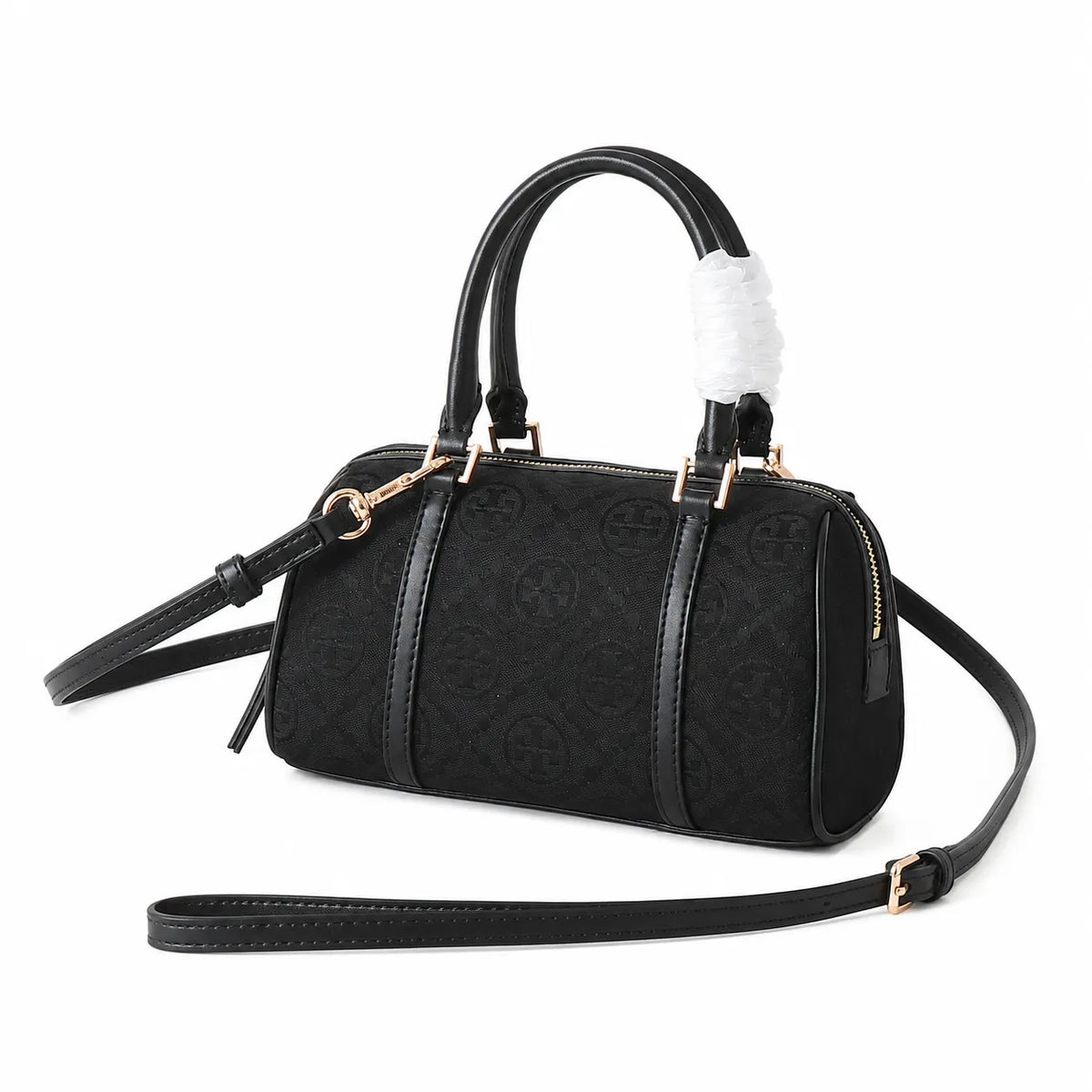 Tory Burch T Monogram | Black embossed canvas with detachable shoulder strap and zip closure  women's designer mini Boston bag