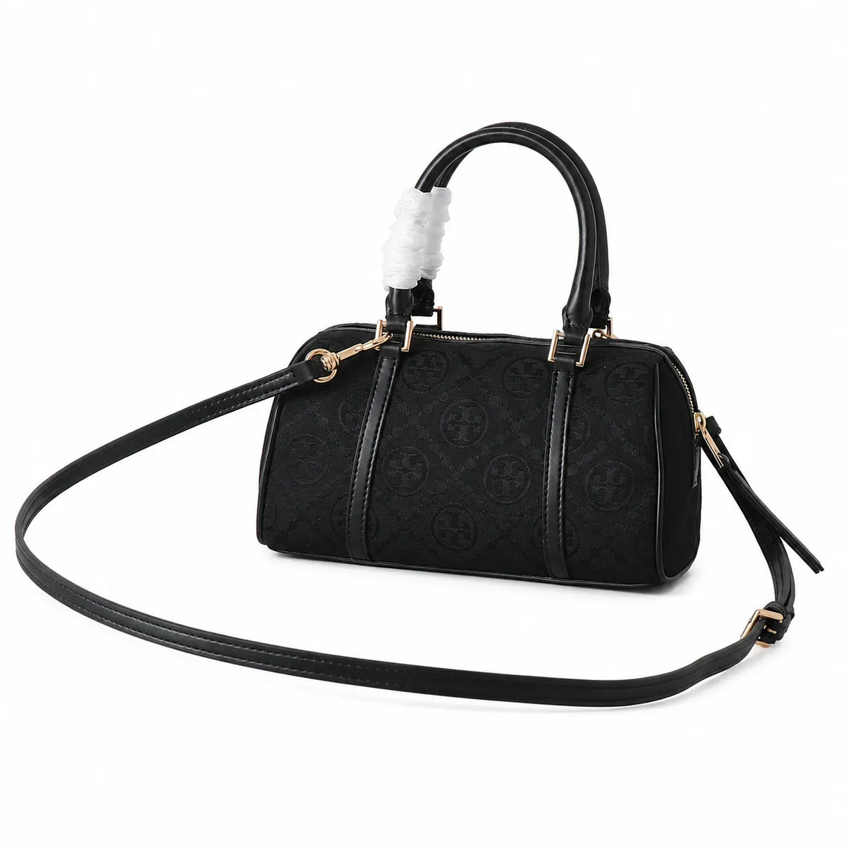 Tory Burch T Monogram | Black embossed canvas with detachable shoulder strap and zip closure  women's designer mini Boston bag