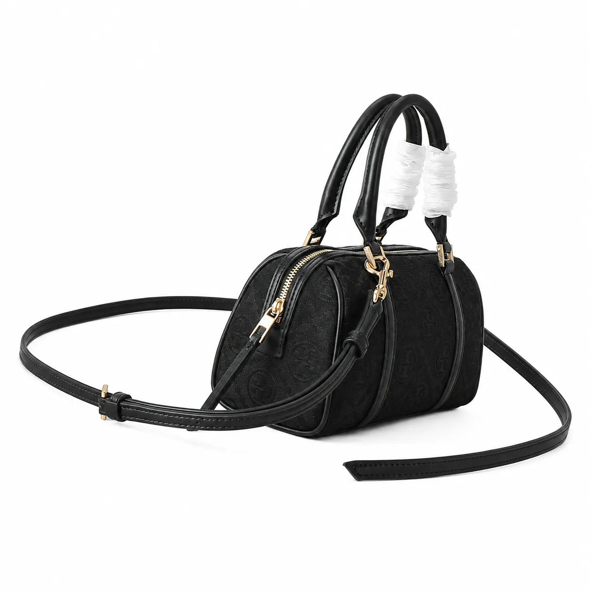 Tory Burch T Monogram | Black embossed canvas with detachable shoulder strap and zip closure  women's designer mini Boston bag
