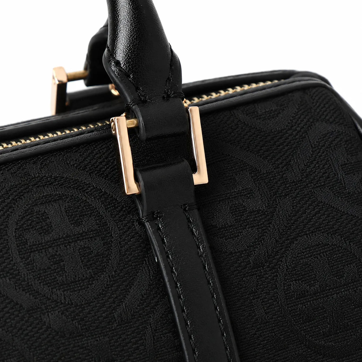 Tory Burch T Monogram | Black embossed canvas with detachable shoulder strap and zip closure  women's designer mini Boston bag