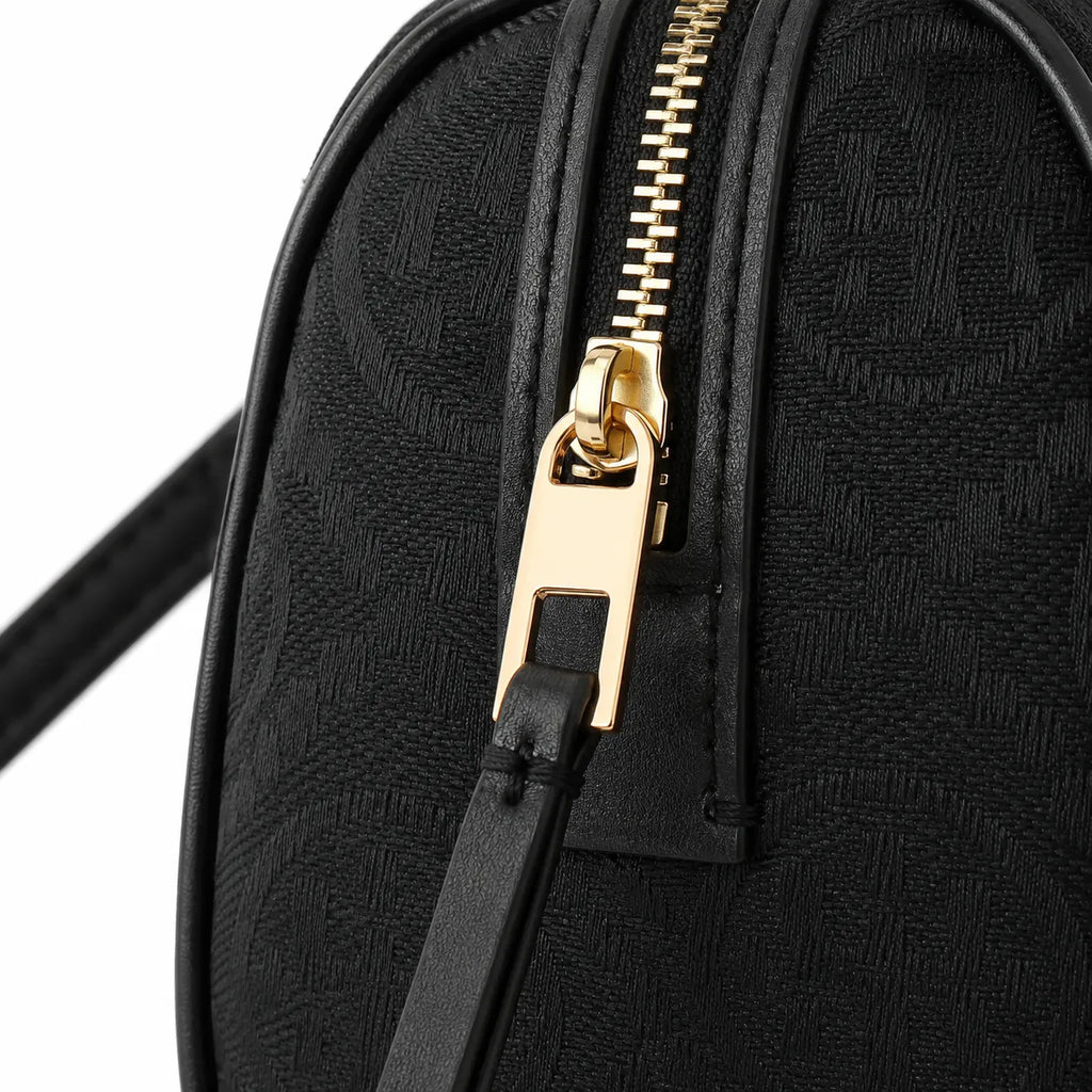 Tory Burch T Monogram | Black embossed canvas with detachable shoulder strap and zip closure  women's designer mini Boston bag