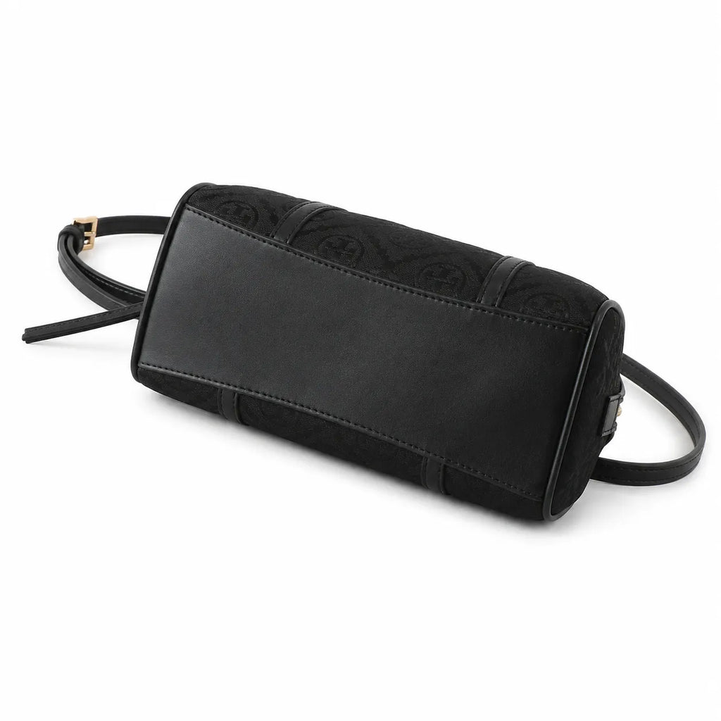 Tory Burch T Monogram | Black embossed canvas with detachable shoulder strap and zip closure  women's designer mini Boston bag