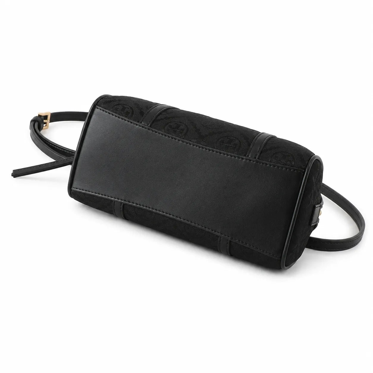 Tory Burch T Monogram | Black embossed canvas with detachable shoulder strap and zip closure  women's designer mini Boston bag