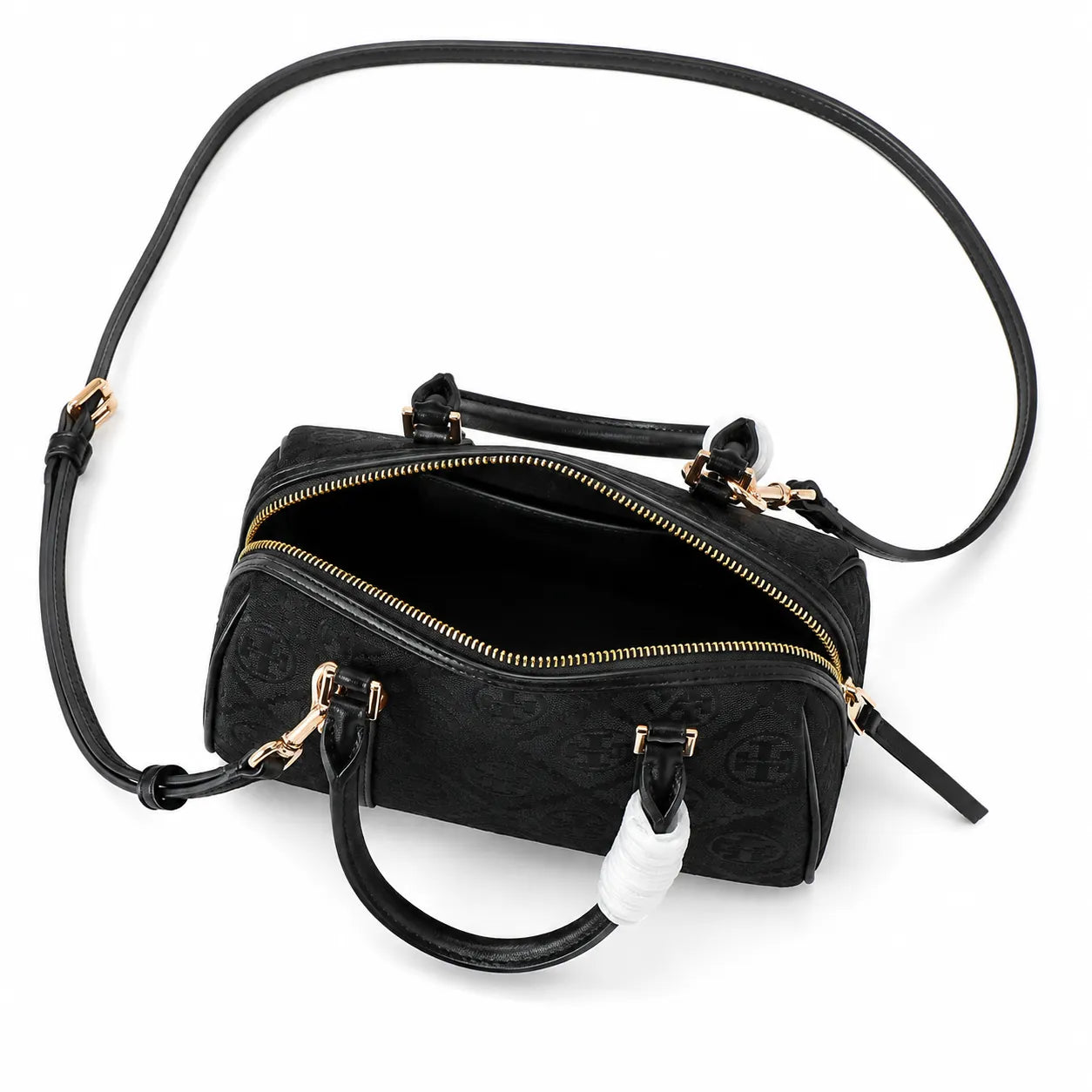 Tory Burch T Monogram | Black embossed canvas with detachable shoulder strap and zip closure  women's designer mini Boston bag