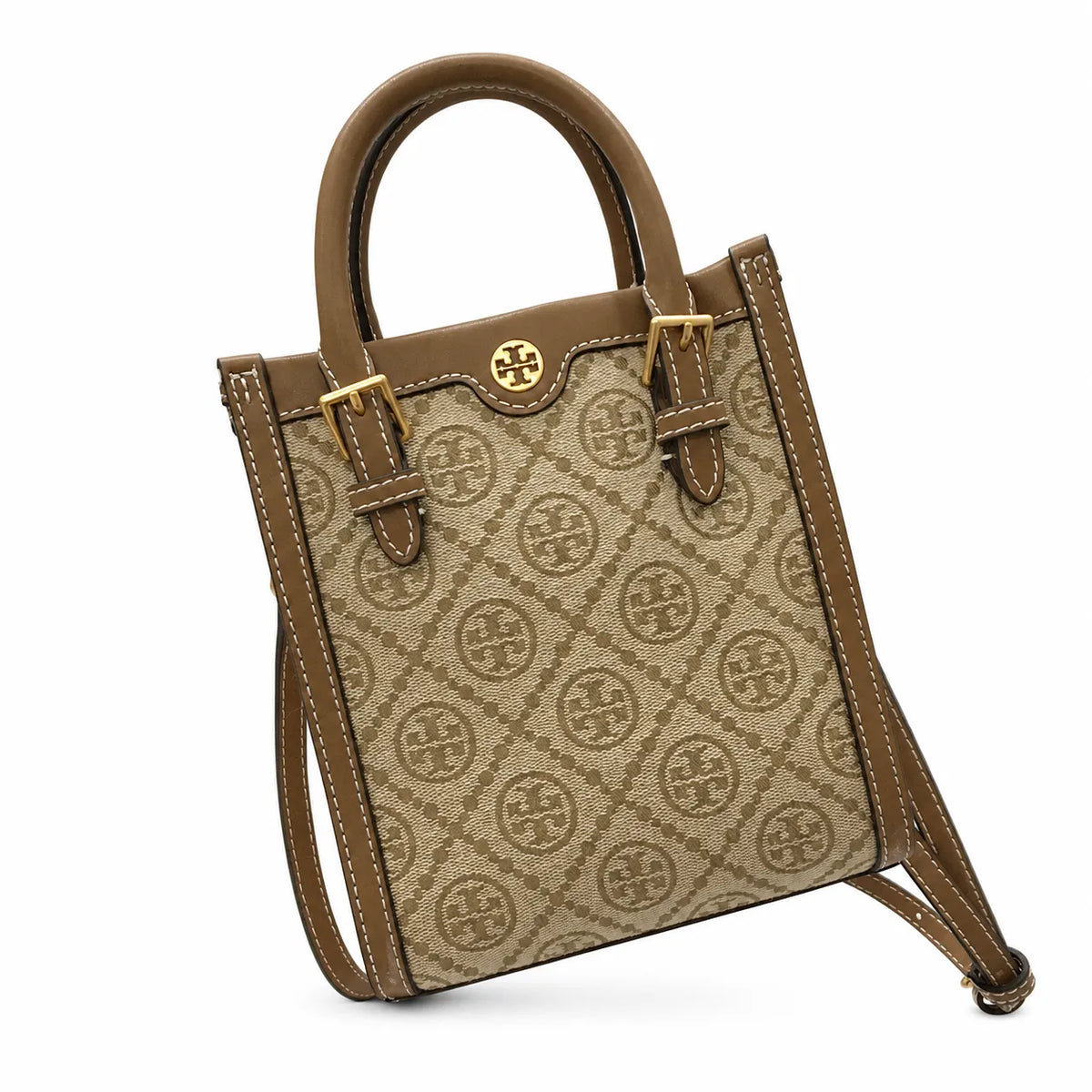 Tory Burch T Monogram | Off-white embossed canvas with brown leather trim detachable shoulder strap  women's designer mini sheet music bag