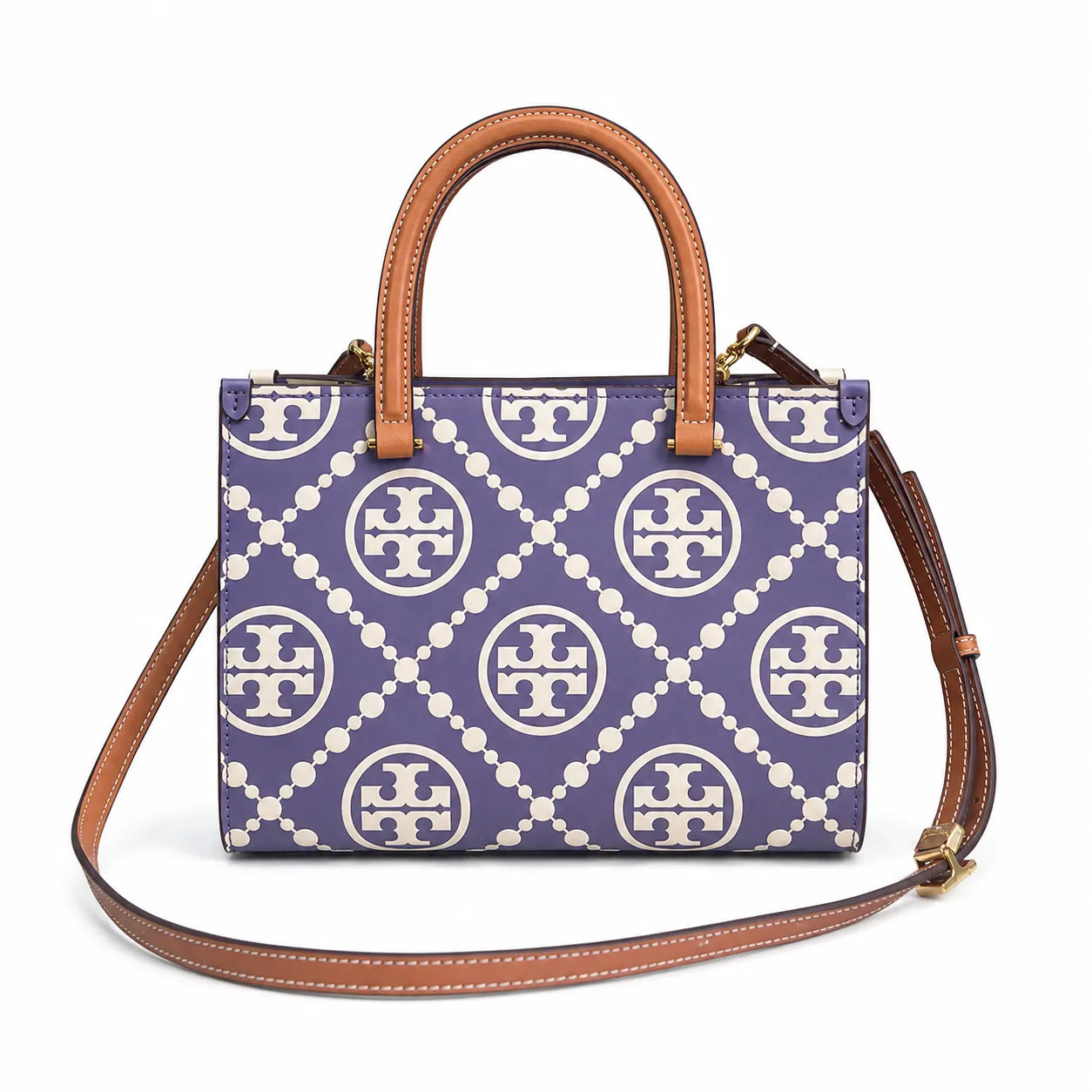 Tory Burch T Monogram | Off-white/black embossed leather with brown trim detachable shoulder strap magnetic closure women's designer shoulder/handbag
