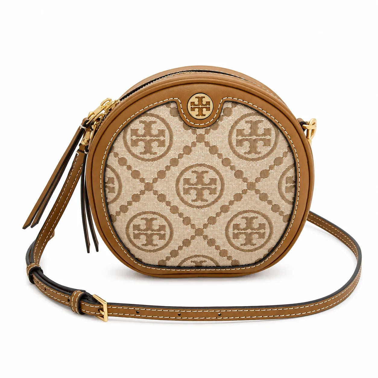 Tory Burch T-pattern round crossbody bag | Beige embossed canvas with brown leather trim detachable shoulder strap