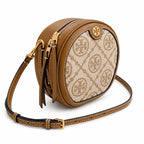 Tory Burch T-pattern round crossbody bag | Beige embossed canvas with brown leather trim detachable shoulder strap