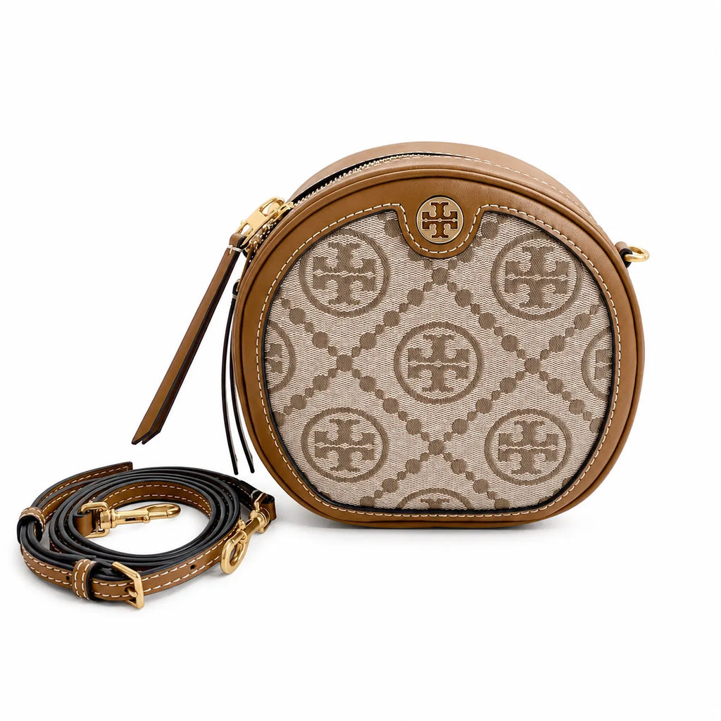 Tory Burch T-pattern round crossbody bag | Beige embossed canvas with brown leather trim detachable shoulder strap