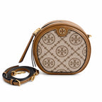 Tory Burch T-pattern round crossbody bag | Beige embossed canvas with brown leather trim detachable shoulder strap