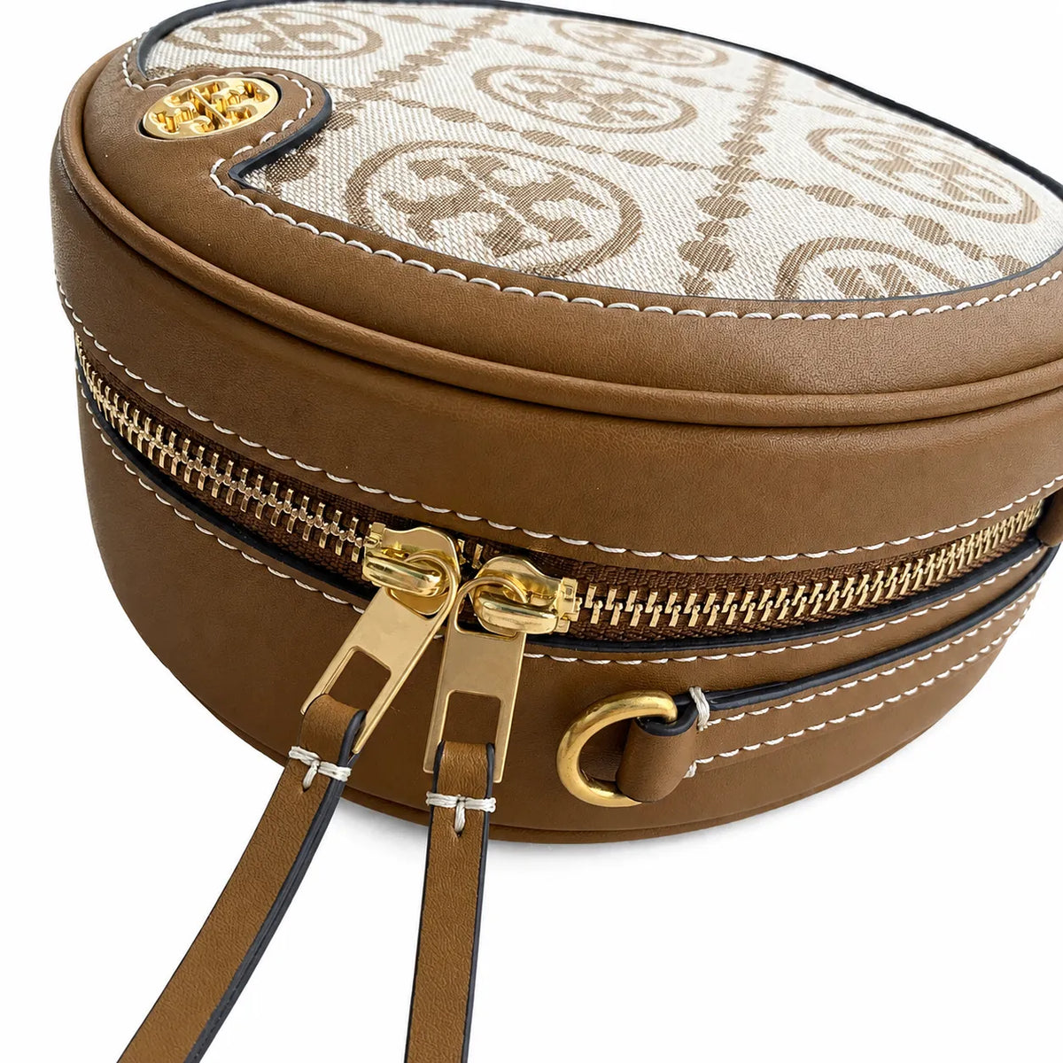 Tory Burch T-pattern round crossbody bag | Beige embossed canvas with brown leather trim detachable shoulder strap