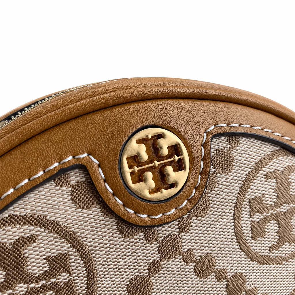 Tory Burch T-pattern round crossbody bag | Beige embossed canvas with brown leather trim detachable shoulder strap
