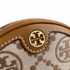 Tory Burch T-pattern round crossbody bag | Beige embossed canvas with brown leather trim detachable shoulder strap