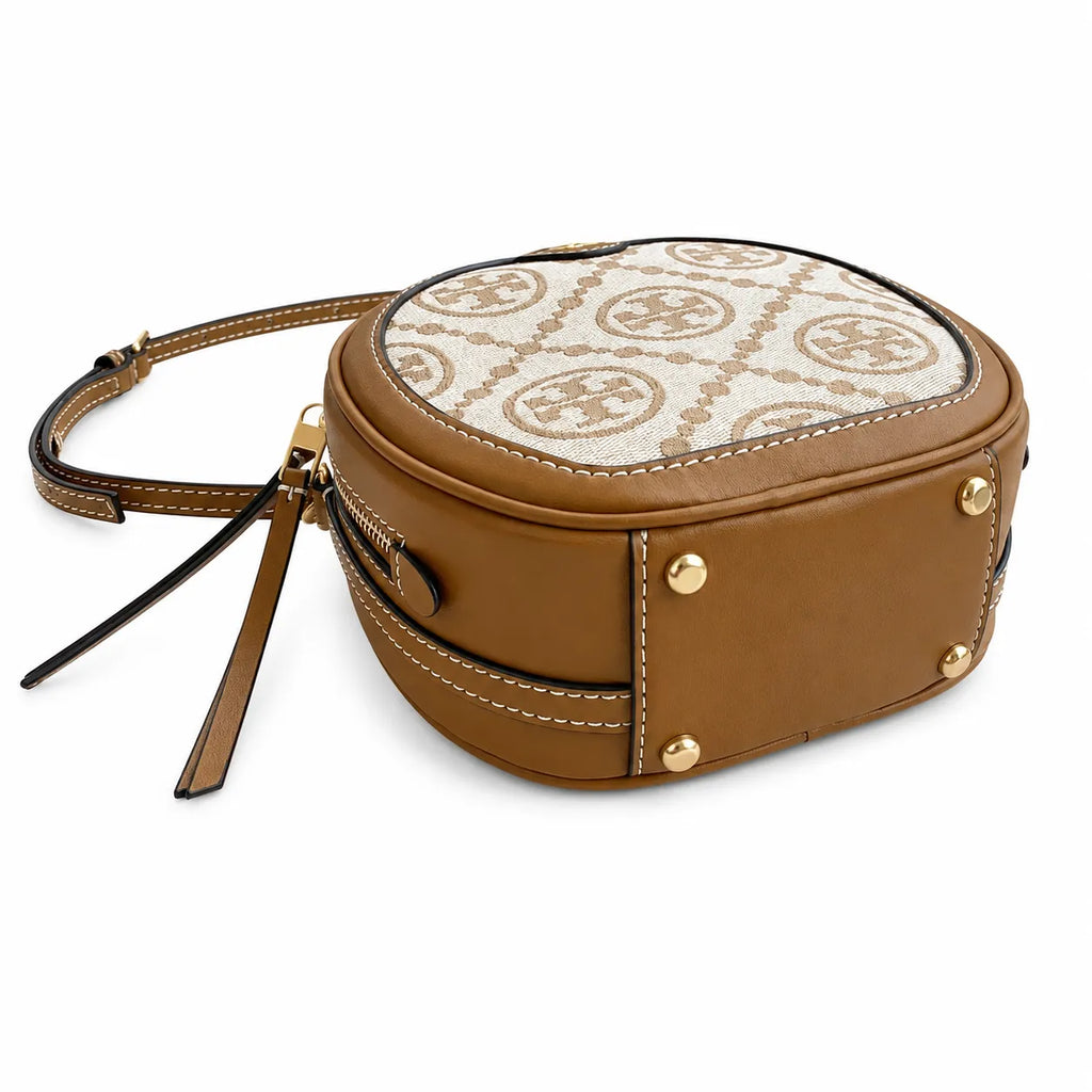 Tory Burch T-pattern round crossbody bag | Beige embossed canvas with brown leather trim detachable shoulder strap