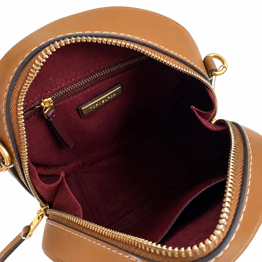 Tory Burch T-pattern round crossbody bag | Beige embossed canvas with brown leather trim detachable shoulder strap